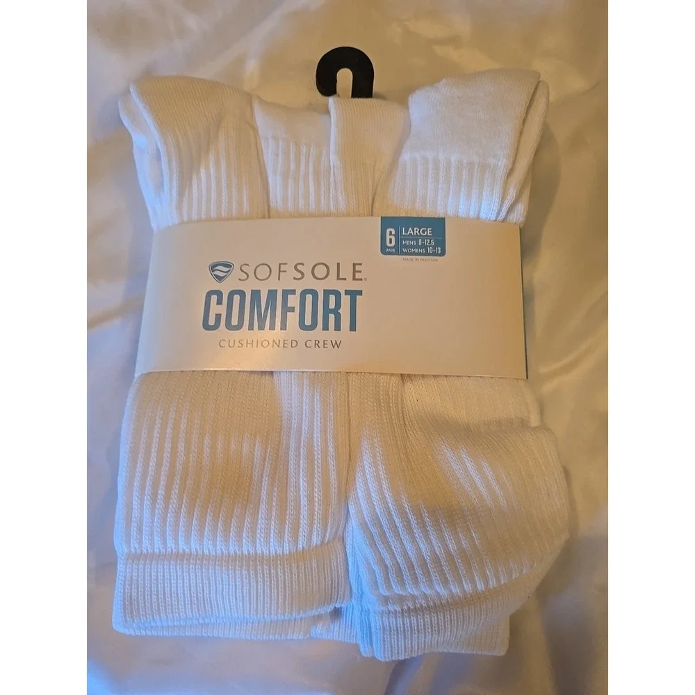 Sof Sole Cushioned Crew Socks Men's 8.5 12.5 Women's 11 13‎ Large White 6 Pair